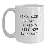 Funny Mixologist Gifts for Her, White Coffee Mug from Mom, Graduation Unique Gifts, 'Mixologist By Day, World's Best Mom By Night.' Quote - Main